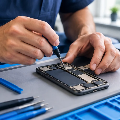 Manos reparando un celular abierto con herramientas de precisión.